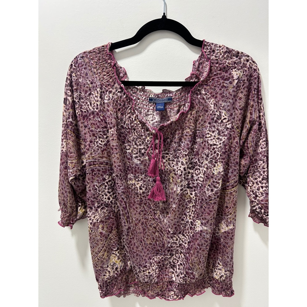 Bandolino Purple Leopard Paisley Smocked Peasant Blouse Tassel Top Small